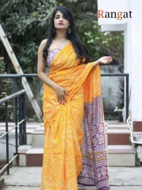 SAREE- PURE COTTON BANDHANI AND AJRAK BLOCK PRINT SAREES WITH BLOUSE PICE-COLOUR-YELLOW