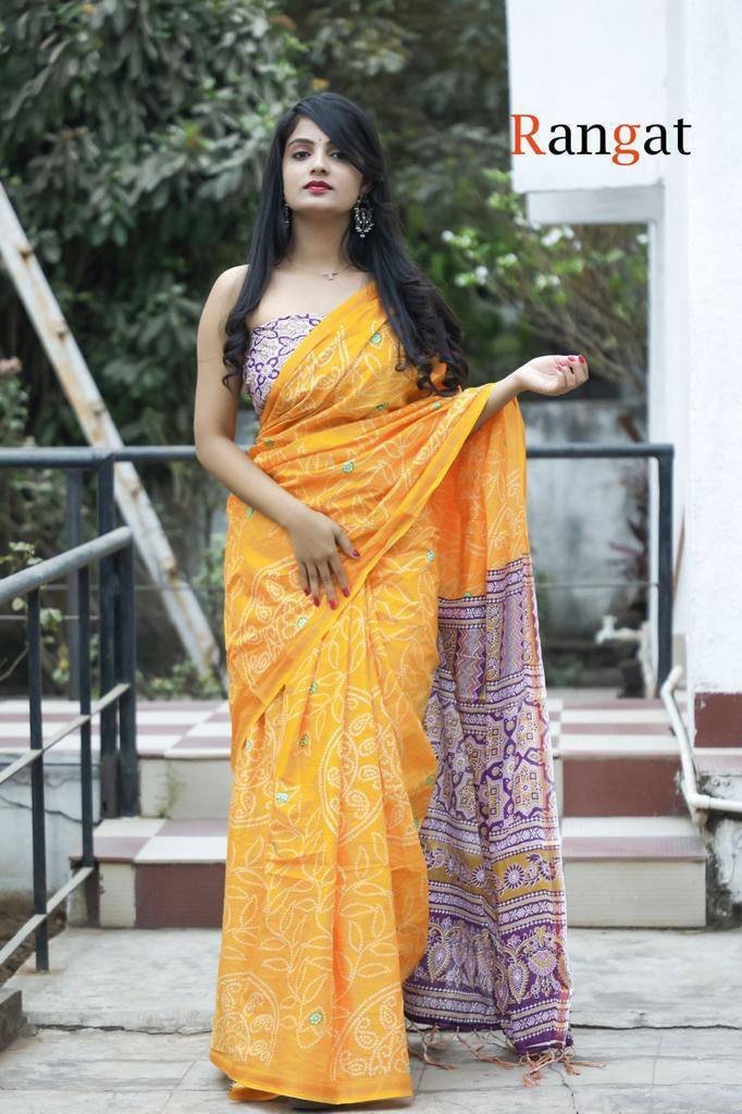WhatsApp Image 2024-12-05 at 5.11.27 PM SAREE- PURE COTTON BANDHANI AND AJRAK BLOCK PRINT SAREES WITH BLOUSE PICE-COLOUR-YELLOW