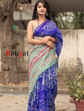 SAREE- PURE COTTON BANDHANI AND AJRAK BLOCK PRINT SAREES WITH BLOUSE PICE-COLOUR-BLUE