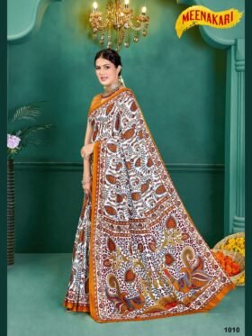 Saree- SPECIAL KALAMKARI HAND BLOCK PRINT SAREES Colour- Brown and White