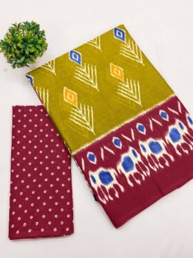 SAREE- PURE COTTON FANCY IKAAT PRINT SAREES WITH BLOUSE PICE -COLOUR-MAROON AND YELLOW