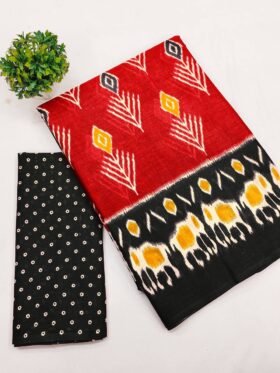 SAREE- PURE COTTON FANCY IKAAT PRINT SAREES WITH BLOUSE PICE -COLOUR-RED AND BLACK