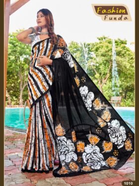 SAREE- Pure Bagru Fancy Hand Printed Sarees with Runing Hand Printed Unstich Blouse pice-Colour-Black yellow and white