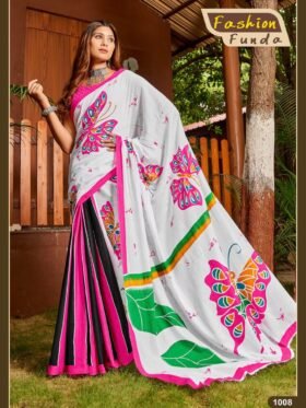 SAREE- Pure Bagru Fancy Hand Printed Sarees with Runing Hand Printed Unstich Blouse pice-Colour-White and Pink