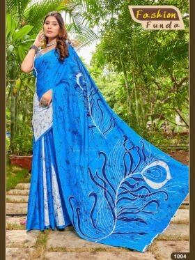 SAREE- Pure Bagru Fancy Hand Printed Sarees with Runing Hand Printed Unstich Blouse pice-Colour-White and Blue