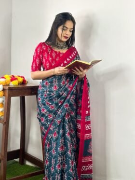 Saree- PURE COTTON JAIPUR BLOCK PRINT SAREES WITH UNSTITCHED BLOUSE PICE Colour-Gray