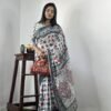 Saree- PURE COTTON JAIPUR BLOCK PRINT SAREES WITH UNSTITCHED BLOUSE PICE Colour-White and Gray