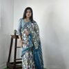 Saree- PURE COTTON JAIPUR BLOCK PRINT SAREES WITH UNSTITCHED BLOUSE PICE Colour-White and Blue