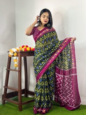 Saree- PURE COTTON JAIPUR BLOCK PRINT SAREES WITH UNSTITCHED BLOUSE PICE Colou-Grreen And PinkSaree- PURE COTTON JAIPUR BLOCK PRINT SAREES WITH UNSTITCHED BLOUSE PICE Colou-Grreen And Pink