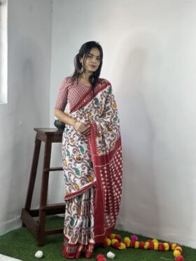 Saree- PURE COTTON JAIPUR BLOCK PRINT SAREES WITH UNSTITCHED BLOUSE PICE Colour-Red and White