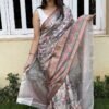 SAREE-CANDY SILK JARI CHEX MATERIAL AND JAQUARD BORDER WITH PRINTED SAREE-COLOUR-GRAY WITH FLORAL PRINTS