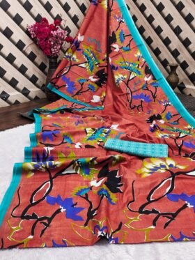 Saree- PURE COTTON SKETCHED TYPE BLOCK PRINT SAREES WITH UNSTITCHED BLOUSE PICE Colour-Red