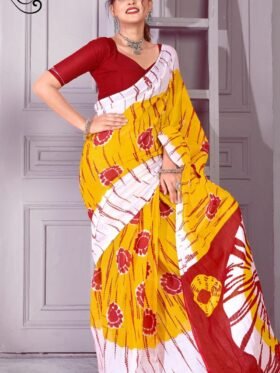 Saree- PURE COTTON TIEDYE PRINT SAREES -Colour-Red and White yellow