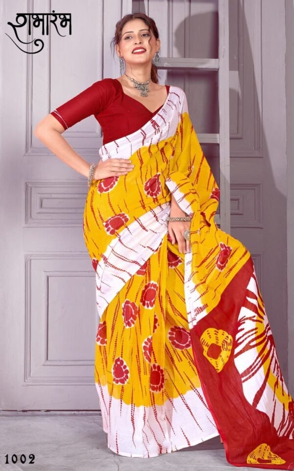 Saree- PURE COTTON TIEDYE PRINT SAREES -Colour-Red and White yellow