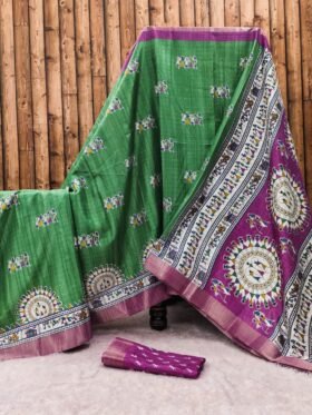 Saree- Silver borders along with pallu and blouse Colour-Green And Pink