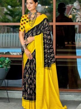 SAREE- PURE COTTON FANCY IKAAT PRINT SAREES WITH BLOUSE PICE Colour-Yellow and Black