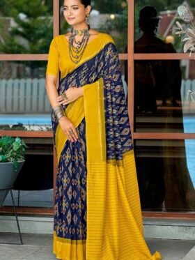 SAREE- PURE COTTON FANCY IKAAT PRINT SAREES WITH BLOUSE PICE Colour- mustard