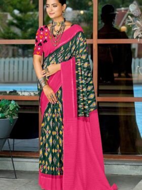 SAREE- PURE COTTON FANCY IKAAT PRINT SAREES WITH BLOUSE PICE Colour- Green And Pink