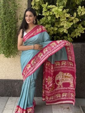 Saree-Creap Silk Saree Kalamkari Elephant Print Pure Soft Zari Weaving Contrast and Pallu With Blouse-Colour-Sky Blue and Red