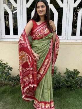 Saree-Creap Silk Saree Kalamkari Elephant Print Pure Soft Zari Weaving Contrast and Pallu With Blouse-Colour-Green and Red