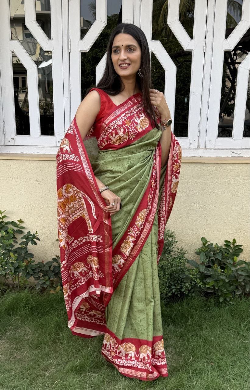 WhatsApp Image 2024-12-07 at 9.40.19 AM Saree-Creap Silk Saree Kalamkari Elephant Print Pure Soft Zari Weaving Contrast and Pallu With Blouse-Colour-Green and Red