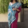 Saree-Creap Silk Saree Kalamkari Elephant Print Pure Soft Zari Weaving Contrast and Pallu With Blouse-Colour-Maroon and Sky Blue