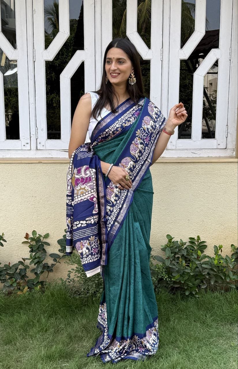 WhatsApp Image 2024-12-07 at 9.40.25 AM (1) Saree-Creap Silk Saree Kalamkari Elephant Print Pure Soft Zari Weaving Contrast and Pallu With Blouse-Colour-Blue