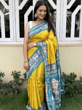 Saree-Creap Silk Saree Kalamkari Elephant Print Pure Soft Zari Weaving Contrast and Pallu With Blouse-Colour-Yellow And Blue