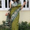 Saree-Creap Silk Saree Kalamkari Elephant Print Pure Soft Zari Weaving Contrast and Pallu With Blouse-Colour-Green