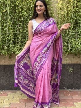 Saree-Creap Silk Saree Kalamkari Elephant Print Pure Soft Zari Weaving Contrast and Pallu With Blouse-Colour-Pink