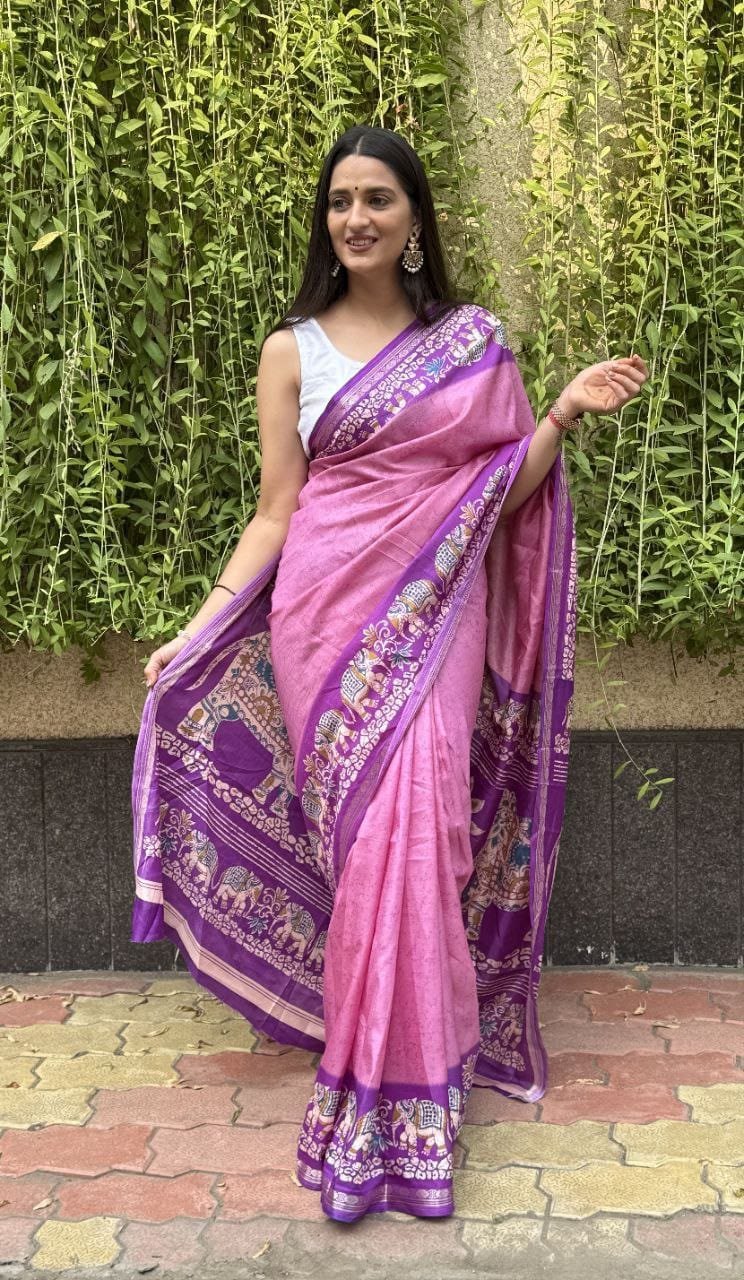 WhatsApp Image 2024-12-07 at 9.41.16 AM Saree-Creap Silk Saree Kalamkari Elephant Print Pure Soft Zari Weaving Contrast and Pallu With Blouse-Colour-Pink