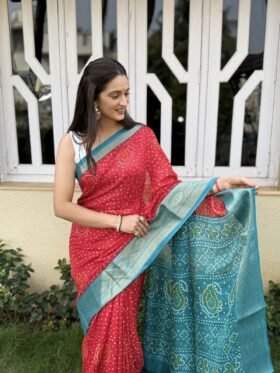 Saree-Marsh Mellon Silk Saree Jaquard Border And Super Foil Print-Colour-Red And Sky Blue