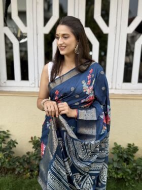 Saree-Dola Silk Saree Colour-Dark Blue With Floral Prints