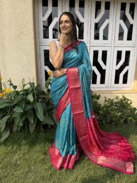 Saree-Marsh Mellon Silk Saree With Jaquard Butti All over Saree-Colour- Sky Blue and Pink