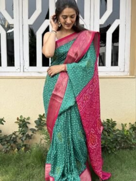 Saree-Marsh Mellon Silk Saree With Jaquard Butti All over Saree-Colour- Pink and Green