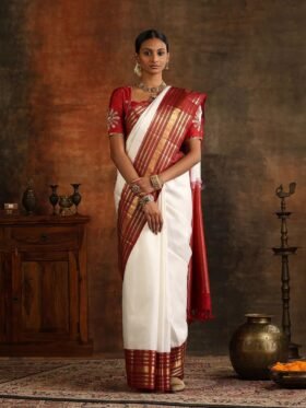 Saree-Banarasi Soft Silk Saree With Blouse-Colour- White And Red