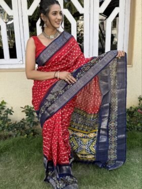 Saree- Pure Candy Cotton silk with Jaquard Border Bandhej Saree-Colour-Red And Blue.