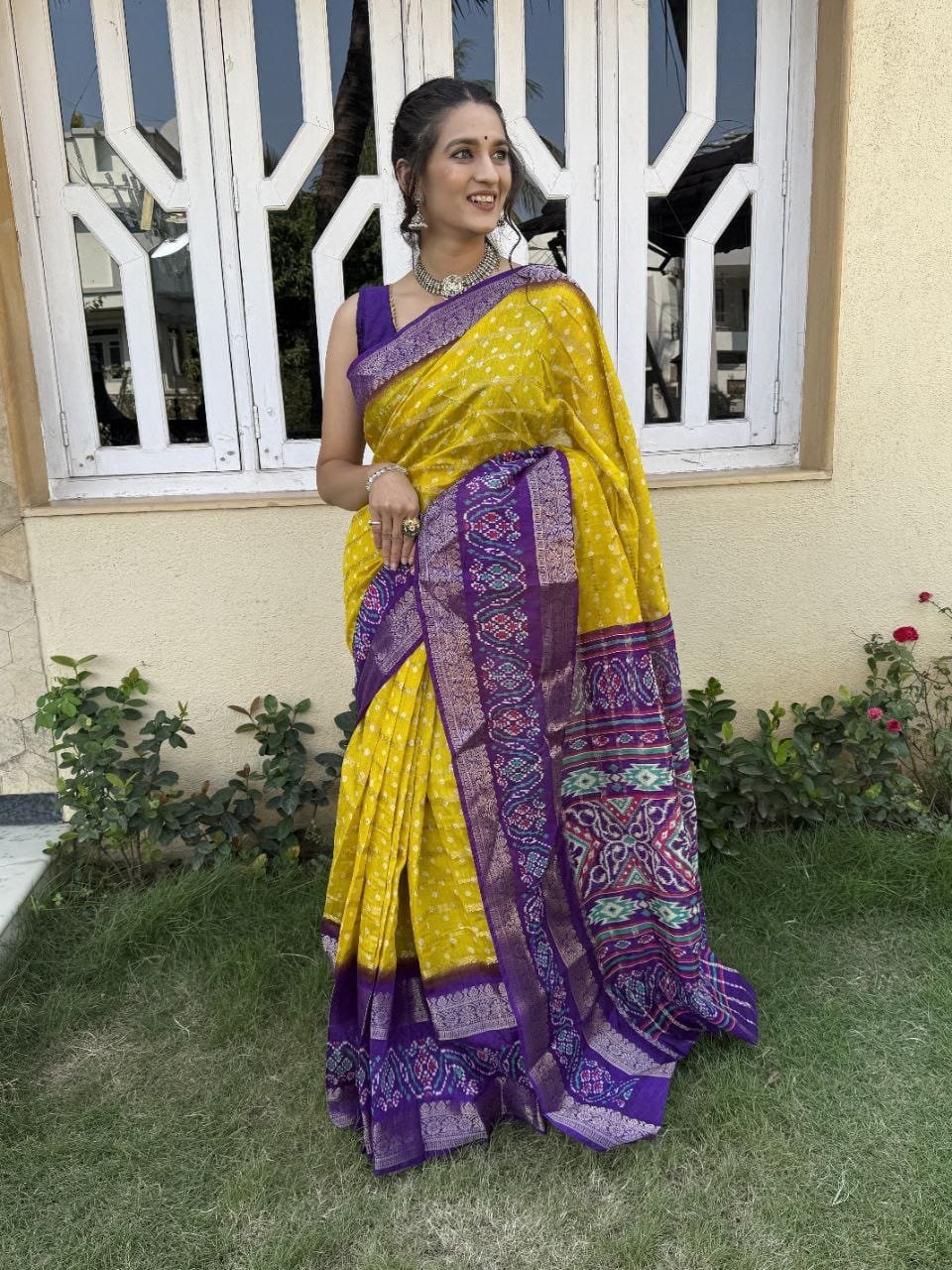 WhatsApp Image 2024-12-09 at 11.00.07 AM Saree- Pure Candy Cotton silk with Jaquard Border Bandhej Saree-Colour-Yellow and Purple