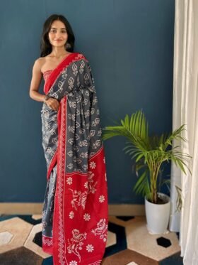 SAREE-PURE COTTON JAIPUR BLOCK PRINT SAREES WITH UNSTITCHED BLOUSE PICE-Colour- Gray and Red
