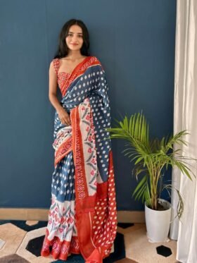 SAREE-PURE COTTON JAIPUR BLOCK PRINT SAREES WITH UNSTITCHED BLOUSE PICE-Colour- Blue White and Red