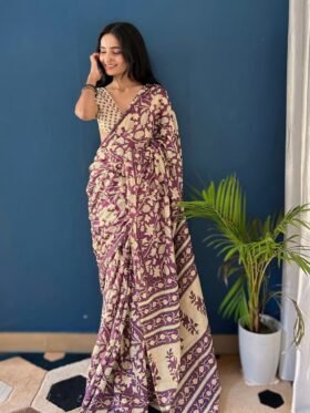 SAREE-PURE COTTON JAIPUR BLOCK PRINT SAREES WITH UNSTITCHED BLOUSE PICE-Colour-Pink and Cream