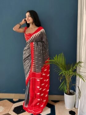 SAREE-PURE COTTON JAIPUR BLOCK PRINT SAREES WITH UNSTITCHED BLOUSE PICE-Colour- Red