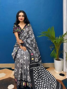 SAREE-PURE COTTON JAIPUR BLOCK PRINT SAREES WITH UNSTITCHED BLOUSE PICE-Colour-Black and Gray