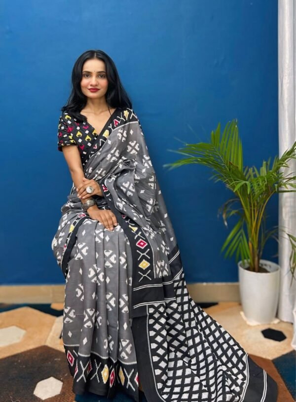 SAREE-PURE COTTON JAIPUR BLOCK PRINT SAREES WITH UNSTITCHED BLOUSE PICE-Colour-Black and Gray