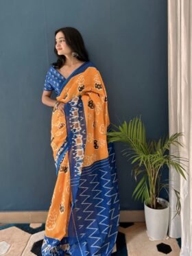 SAREE-PURE COTTON JAIPUR BLOCK PRINT SAREES WITH UNSTITCHED BLOUSE PICE-Colour-Yellow And Blue