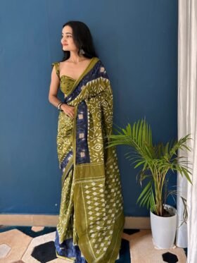 SAREE-PURE COTTON JAIPUR BLOCK PRINT SAREES WITH UNSTITCHED BLOUSE PICE-Colour-Green And Blue