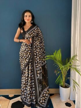SAREE-PURE COTTON JAIPUR BLOCK PRINT SAREES WITH UNSTITCHED BLOUSE PICE-Colour-Black