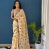 SAREE-PURE COTTON JAIPUR BLOCK PRINT SAREES WITH UNSTITCHED BLOUSE PICE-Colour-Cream and Black Print
