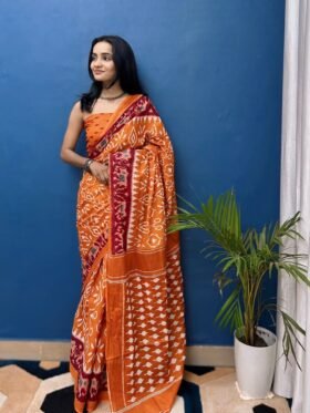 SAREE-PURE COTTON JAIPUR BLOCK PRINT SAREES WITH UNSTITCHED BLOUSE PICE-Colour-Orange and Red