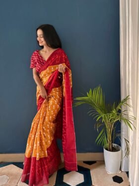 SAREE-PURE COTTON JAIPUR BLOCK PRINT SAREES WITH UNSTITCHED BLOUSE PICE-Colour-Orange and Red